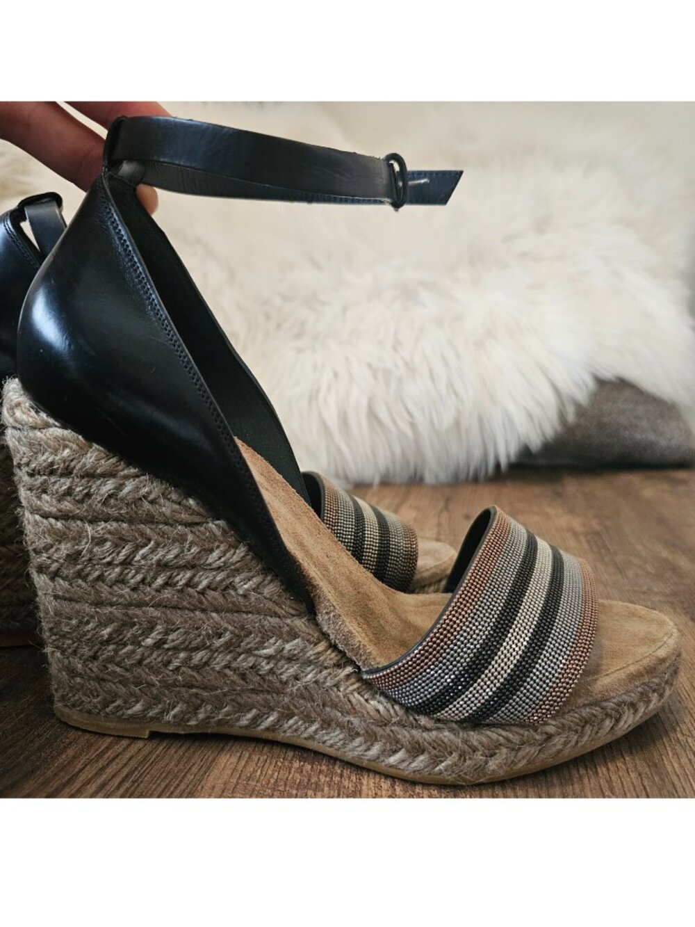 Brunello Cucinelli Monili Ankle Strap Leather Wedge Espadrille Sandals, 39IT/US9